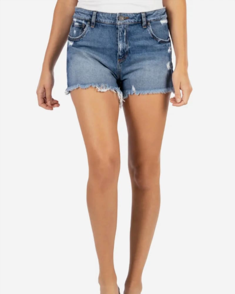 Front of a model wearing a size 12 Jane High Rise Short In Medium Wash in Medium Wash by Kut From The Kloth. | dia_product_style_image_id:360742